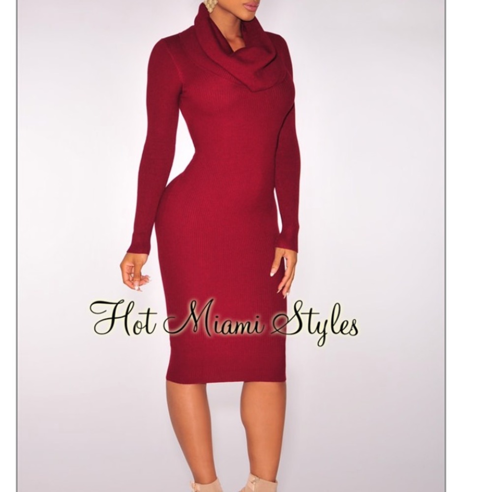 Red wine knit ribbed cowl neck dress